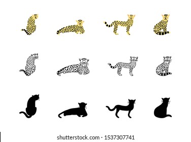 Set leopard in flat  doodle style  silhouettes Vector hand drawn collection baby cat  jaguar cheetah Cute animals are ready for animation your design printing  postcard Funny baby leopards EPS10