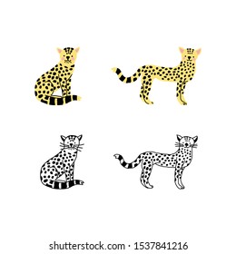 Set of leopard in flat and doodle style. Vector hand drawn collection of baby cat, jaguar, cheetah. Cute animals are ready for animation, your design, printing, postcard. Funny baby leopards. EPS10