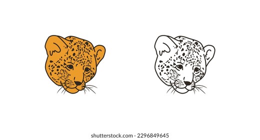 Satz Leopardenkopf, Vektorgrafik einzeln auf weißem Hintergrund. Zoo, Tier, Leopard, Leopardenkopf, Geparah, große Katze, Dschungel, Wald, Biast, Fleischfresser, schwarz, weiß, Aufklecker, Clips, Vektorgrafik