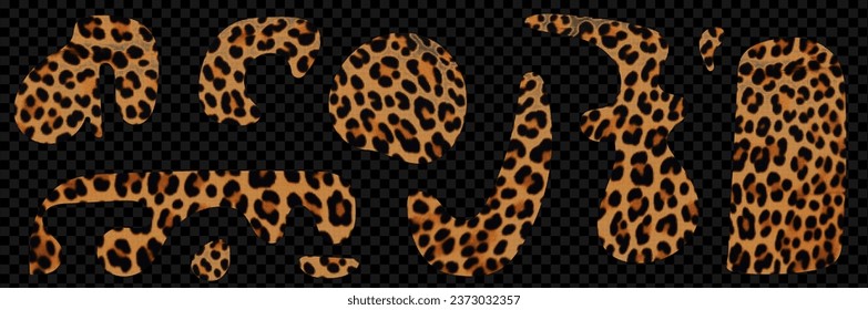 Set of leopard organic shapes for collage. Y2k style cut out of magazine papers. Bright modern vector elements on transparent background as png 