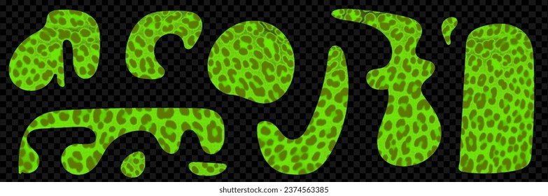 Set of leopard organic shapes for collage. Y2k style cut out of magazine papers. Acid green modern vector elements on transparent background as png. 