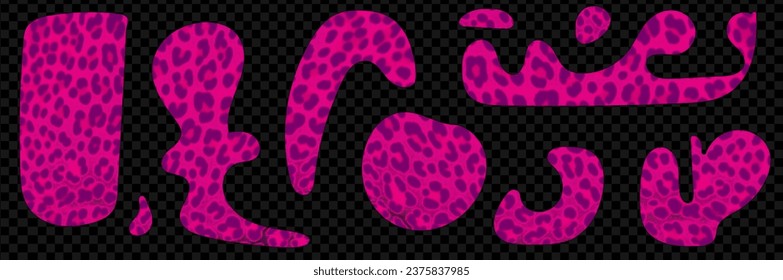 Set of leopard organic shapes for collage. Y2k style cut out of magazine papers. Acid pink modern vector elements on transparent background as png
