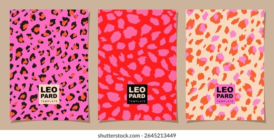 Set of Leopard Patterns in trendy retro style. Groovy hippie 70s for backgrounds, posters, covers, fliers, cards, packaging, social media stories.