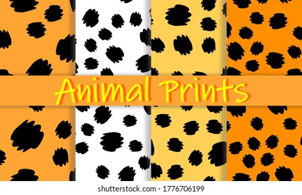 Conjunto de huellas de leopardo. Piel de pantera. Patrón de tela retro. Textura de piel en punto. Leopardo de impresión sin fisuras de animales. Ilustración vectorial.
