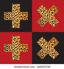 Set of leopard prints, isolated on black and red, hand drawn, vector illustration