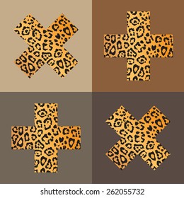 Set of leopard prints, isolated on brown background, hand drawn, vector illustration