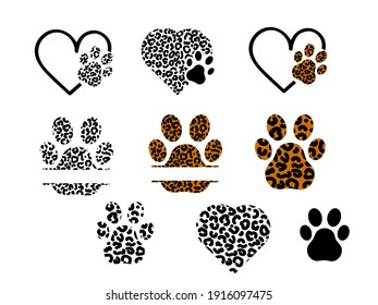 Set of leopard prints with paw, frame and hearts. Vector stock illustration for banner or poster.