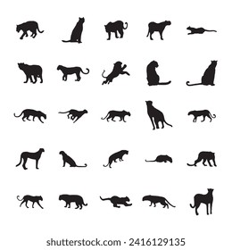 set of Leopard, tiger, Cheetah, Black Panther, Jaguar, (Big Cat Family) Silhouette for Logo or Graphic Design Element Leopard set. Vector Illustration