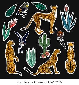 Conjunto de leopardos e plantas remendos elementos. Conjunto de adesivos, pinos, remendos e anotações manuscritas coleção em desenhos animados 80s-90s estilo cómico. Kit de stikers vetoriais