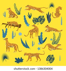 Conjunto de leopardos en diferentes poses, plantas, flores, exótico, gráfico tierno estilo tendencia, depredador mamífero, jungla. Ilustración vectorial del estilo de las caricaturas