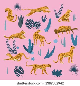 Set of leopards in various poses, plants, flowers, exotic, graphic cute trend style, mammal predator, jungle. Vector illustration of cartoon style