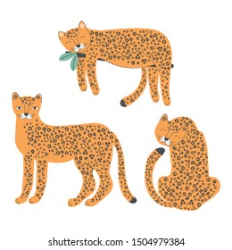 Set with leopards. Vector illustration for printing on fabric, Wallpaper, dishes, postcard, picture, bed linen, children's products. Cute baby background.