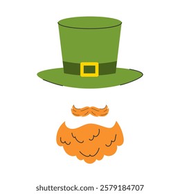 A set of leprechaun attributes for St. Patrick's Day: a green hat with a gold buckle, a bushy orange beard, and a matching mustache.