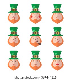 Set of Leprechaun avatars with emotions. Saint Patrick's Day. Vector illustration