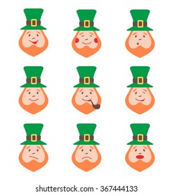 Set of Leprechaun avatars with emotions. Saint Patrick's Day. Vector illustration