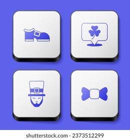 Set Leprechaun boot, Clover trefoil leaf,  and Bow tie icon. White square button. Vector