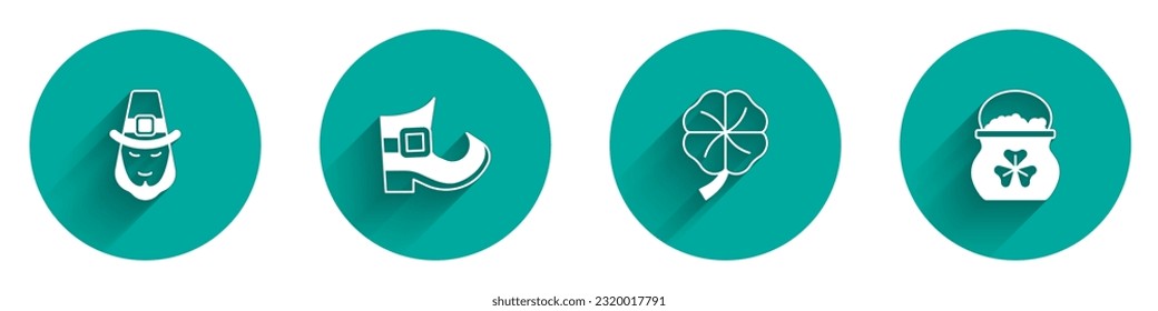 Set Leprechaun, boot, Four leaf clover and Pot of gold coins icon with long shadow. Vector