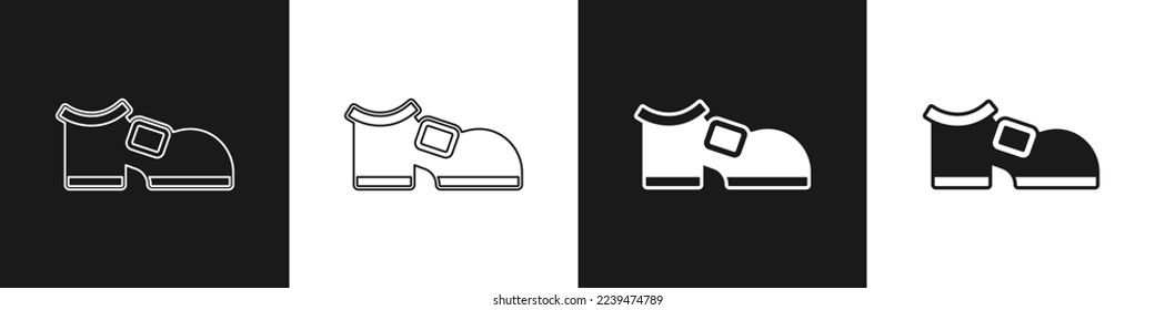 Set Leprechaun boot icon isolated on black and white background. Happy Saint Patricks day. National Irish holiday.  Vector
