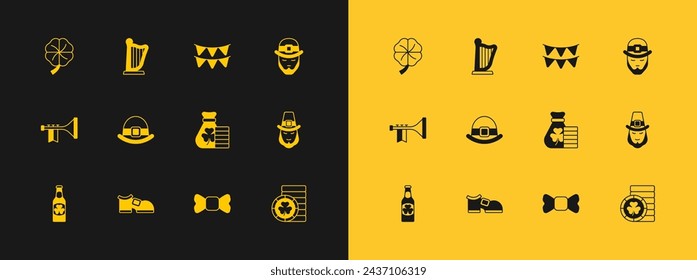 Set Leprechaun, bota, bolsa de dinero con trébol, corbata de lazo, sombrero, banderas de guirnalda de carnaval, cuatro hojas e icono de arpa. Vector