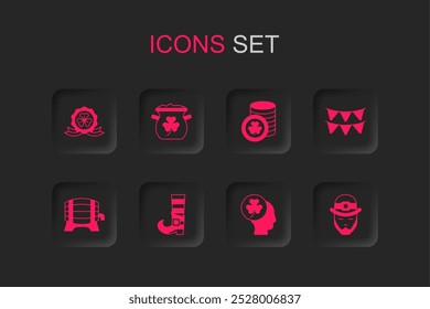 Set Leprechaun boot, Pot of gold coins, Medal with clover, Head trefoil leaf, Carnival garland flags, Golden leprechaun and Wooden barrel on rack icon. Vector