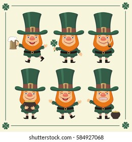 Set of Leprechaun in different poses in cartoon style for Saint Patrick's day.