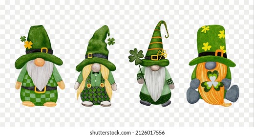 Set leprechaun with four leaves clovers on transparent background, Cute elements for St Patrick day greeting card,Gnomes with Shamrock,Vector Watercolour green Scandinavian Dwarfs collection in Celtic