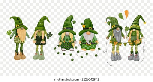 Set leprechaun with four leaves clovers on transparent background, Cute elements for St Patrick day greeting card,Gnomes with Shamrock,Vector Watercolour green Scandinavian Dwarfs collection in Celtic