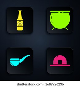 Set Leprechaun hat, Beer bottle with four leaf clover, Smoking pipe and Witch cauldron. Black square button. Vector