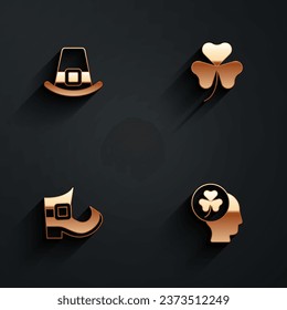 Set Leprechaun hat, Clover trefoil leaf, boot and Head with clover icon with long shadow. Vector