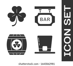 Set Leprechaun hat, Four leaf clover, Wooden barrel with four leaf clover and Street signboard with inscription Bar icon. Vector