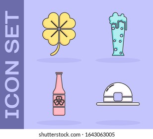 Set Leprechaun hat, Four leaf clover, Beer bottle with four leaf clover and Glass of beer icon. Vector