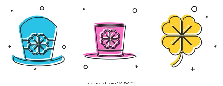 Juego de sombrero Leprechaun y cuatro trébol de hojas, sombrero Leprechaun y cuatro trébol de hojas y icono de trébol de cuatro hojas. Vector