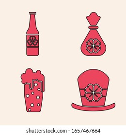 Set Leprechaun hat and four leaf clover, Beer bottle with four leaf clover, Money bag with four leaf clover and Glass of beer icon. Vector