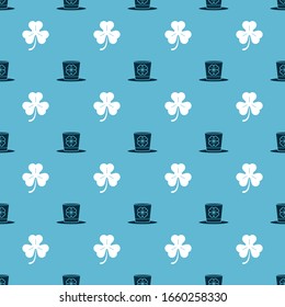 Set Leprechaun hat and four leaf clover and Four leaf clover on seamless pattern. Vector