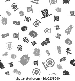 Set Leprechaun hat and four leaf clover, Street signboard with four leaf clover, Glass of beer and Witch cauldron on seamless pattern. Vector