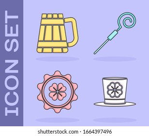 Set Leprechaun hat and four leaf clover, Wooden beer mug, Bottle cap with four leaf clover and Walking stick icon. Vector