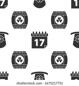 Set Leprechaun hat and four leaf clover, Saint Patrick's day with calendar and Wooden barrel with four leaf clover on seamless pattern. Vector