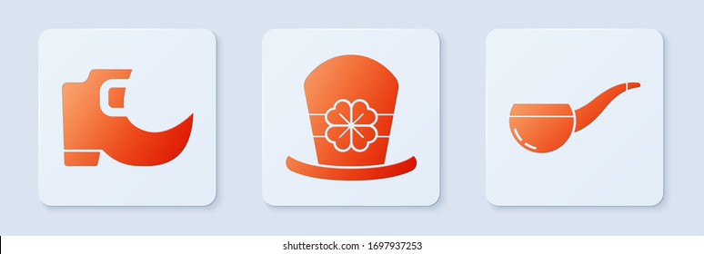 Set Leprechaun hat and four leaf clover, Tradition leprechaun boots and Smoking pipe. White square button. Vector