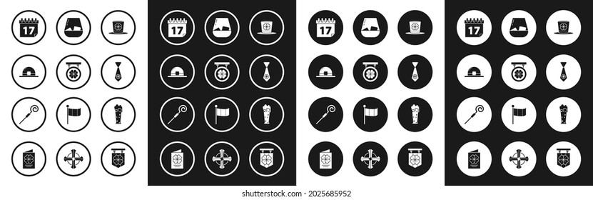 Set Leprechaun hat and four leaf clover, Street signboard with, Saint Patrick's day calendar, Tie, Glass of whiskey, beer and Walking stick icon. Vector