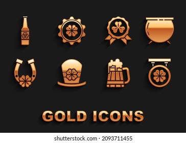 Set Leprechaun hat and four leaf clover, Witch cauldron, Street signboard with, Wooden beer mug, Horseshoe, Medal, Beer bottle and Bottle cap icon. Vector