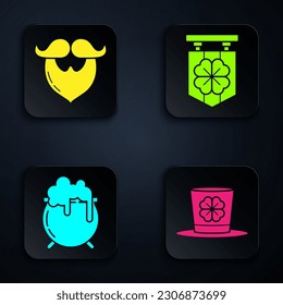 Set Leprechaun hat and four leaf clover, Mustache and beard, Witch cauldron and Street signboard with four leaf clover. Black square button. Vector