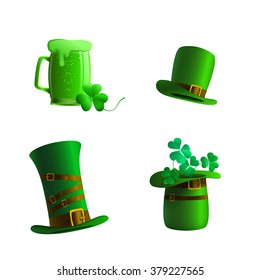 Set of a leprechaun hat and glass of beer on a white background. Green hat leprechaun and glass of beer for St. Patrick's Day. Elements  isolated for a card or  illustration to the St. Patrick's Day