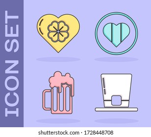 Ponga sombrero de Leprechaun, corazón con trébol de cuatro hojas, tazón de cerveza de madera y icono del día de Corazón y Feliz San Patricio. Vector