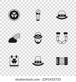 Set Leprechaun hat, Horseshoe, Accordion, Golden leprechaun coin, Glass of beer and Rainbow with cloud icon. Vector