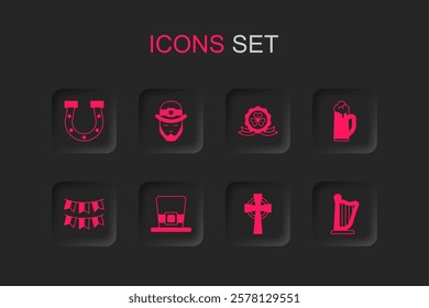 Set Leprechaun hat, Horseshoe, Celtic cross, Glass of beer, Harp, Medal with clover and Carnival garland flags icon. Vector