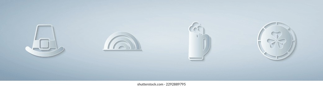 Set Leprechaun hat, Rainbow, Glass of beer and Golden leprechaun coin. Paper art style. Vector