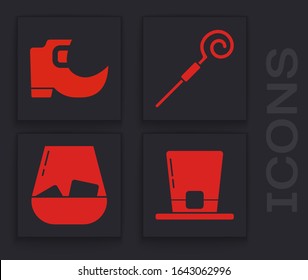 Set Leprechaun hat, Tradition leprechaun boots, Walking stick and Glass of whiskey icon. Vector