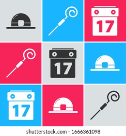 Set Leprechaun hat, Walking stick and Saint Patrick's day with calendar icon. Vector