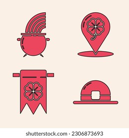 Set Leprechaun hat, Witch cauldron and rainbow, Location and four leaf clover and Four leaf clover and party pennant icon. Vector