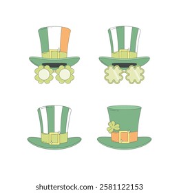 Set of leprechaun hats with gold buckle. Tall hat with stripes, clover, Irish flag colors. Shamrock party glasses. St Patrick's Day accessories.